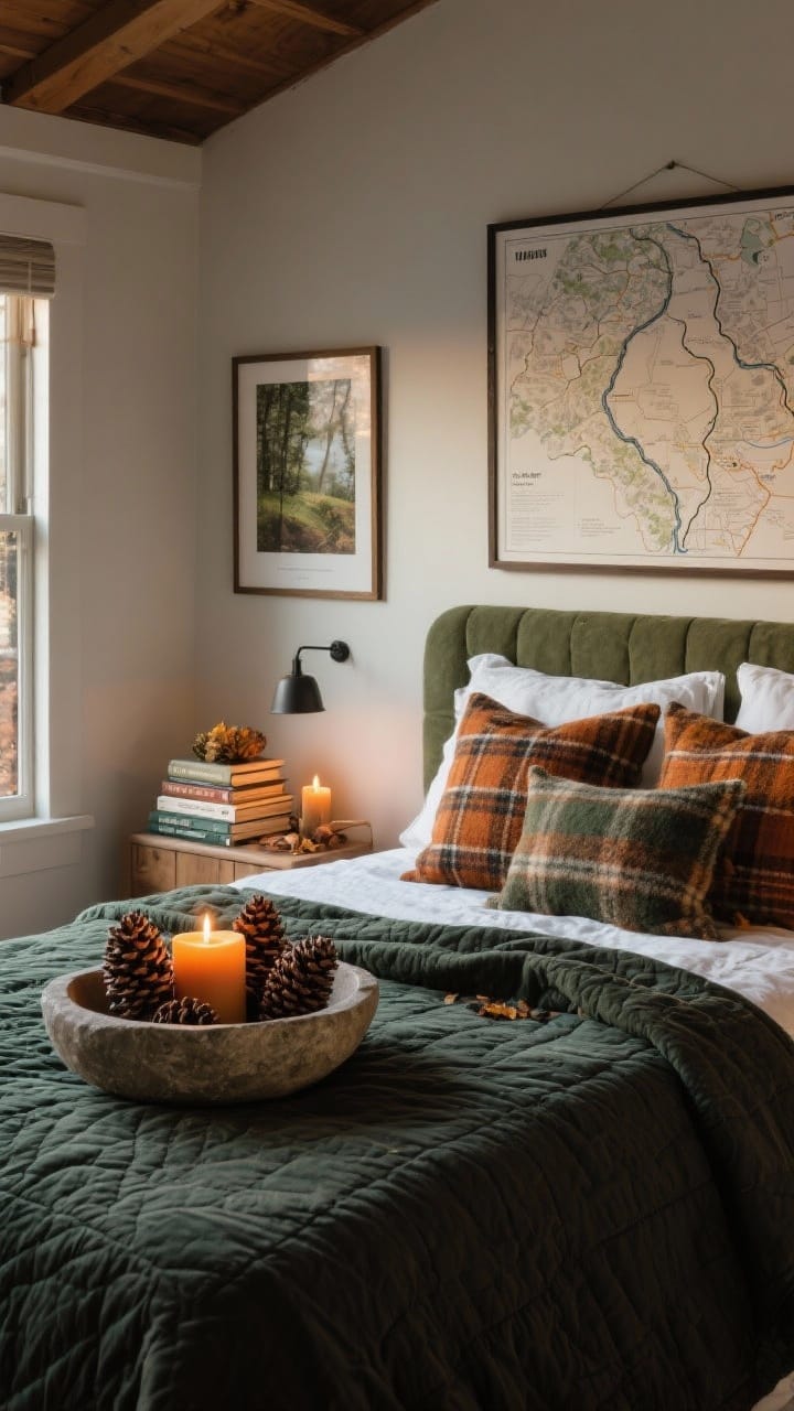 Wide shot of a bedroom styled with seasonal swaps and personal finds: in fall/winter mode—wool plaid pillows, a darker quilt, and balsam/amber candles. Display pinecones in a stone bowl, a neat stack of nature books, and a framed trail map on the wall. Earthy greens and warm ambers, cozy layered atmosphere with soft evening light.