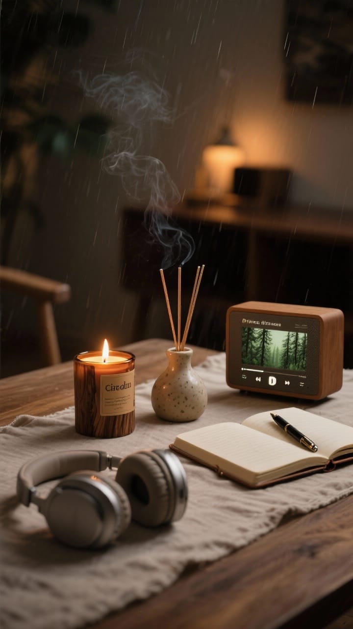 Close, atmospheric vignette building mood with scent and sound: a cedarwood candle burning next to a ceramic incense holder, an essential oil diffuser labeled pine and cypress, an open journal with a pen, and headphones resting on a linen runner; subtle cues of a rain and forest playlist on a small speaker in the background; warm low light suggesting an evening ritual; straight-on detail shot.