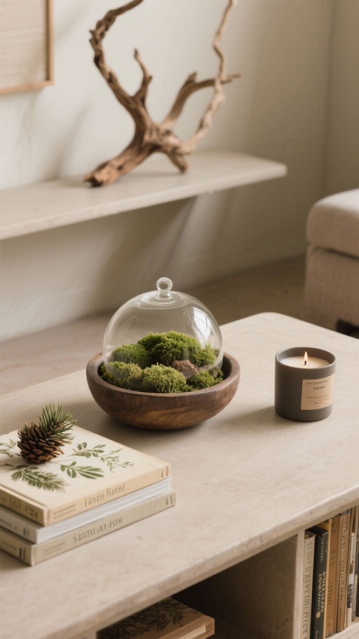 Detail tabletop scene curating nature-inspired decor: a low moss bowl and a small glass terrarium, a sculptural driftwood branch displayed on a shelf, a tidy stack of botanical field guides on a coffee table, and a cedar and pine scented candle with a matte label; minimalist placement with one or two hero pieces per surface; neutral background with soft warm light; overhead view.