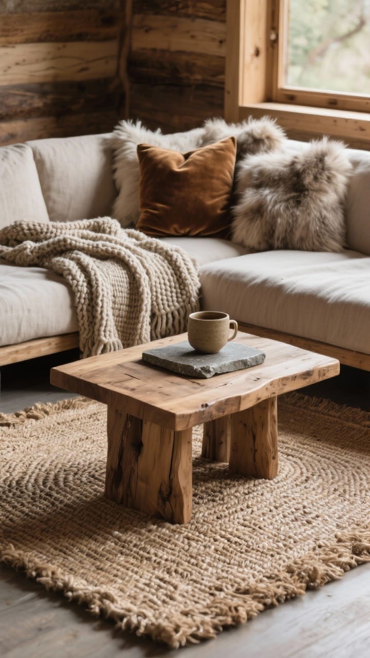 Medium shot focusing on layered natural textures: a sisal rug under a thick wool rug with a subtle weave, a linen sofa draped with a chunky knit throw, faux fur and velvet pillows in earthy tones; an unfinished wood coffee table with a honed stone coaster and ceramic cup; soft, diffused natural light to emphasize tactile surfaces; corner angle capturing a cabin but chic mood.
