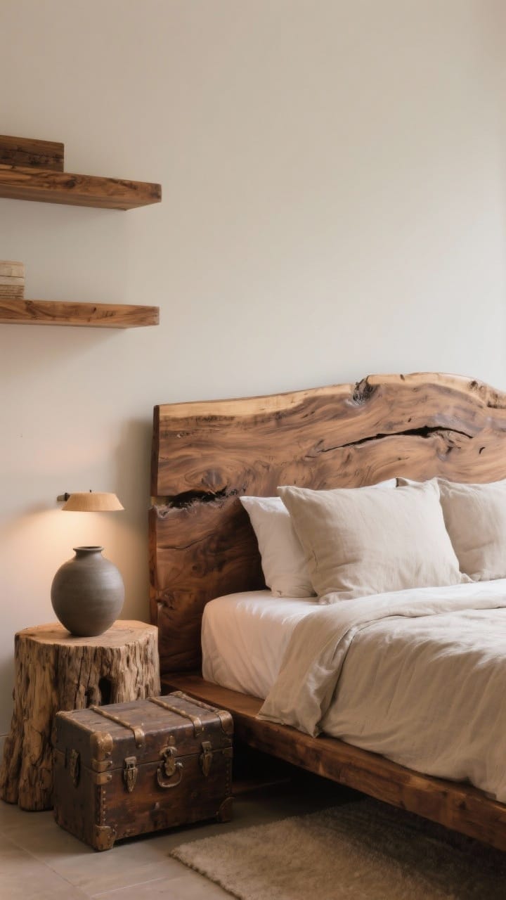 Medium shot highlighting real wood: a live-edge walnut headboard as a statement piece behind a bed dressed in neutral linens; reclaimed wood stump side table holding a matte ceramic vase; vintage wood trunk at the foot of the bed and oak wall shelves; finishes are natural matte or hand-rubbed oil, avoiding gloss; warm ambient light for depth and warmth; straight-on bedroom view.