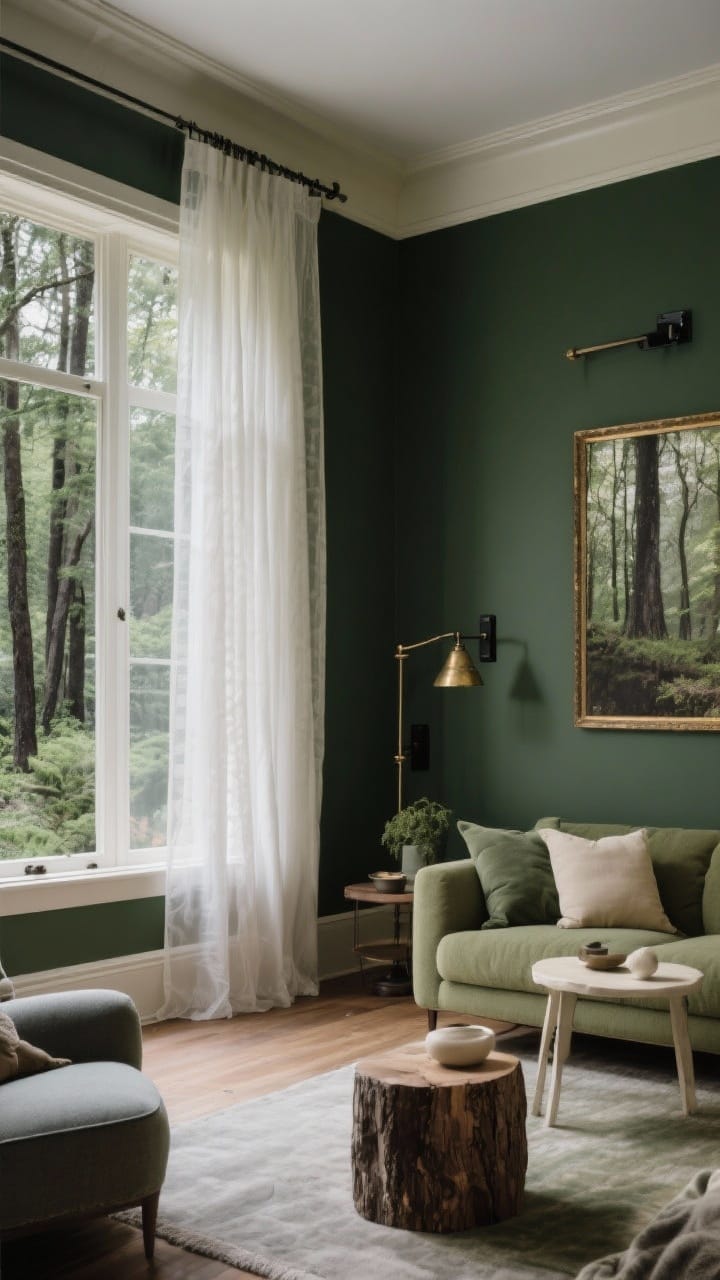 Wide room shot of a moody forest-inspired living room anchored by a deep olive green accent wall, with trim in warm white and sheer light curtains filtering soft daylight; palette includes moss green, deep olive, charcoal, bark brown, and foggy gray with accents of sage, mushroom beige, and cream; aged brass picture light and matte black hardware provide subtle contrast; photorealistic, straight-on view, cozy and grounded atmosphere.