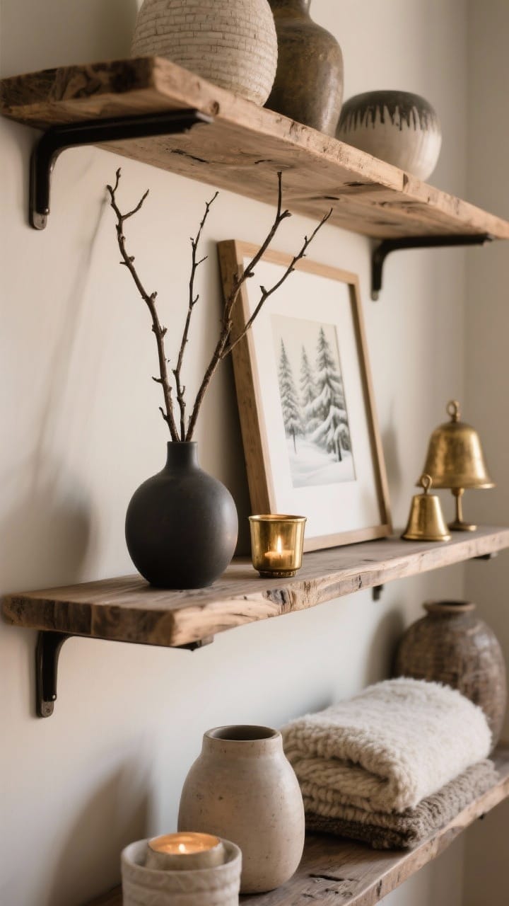 Wall-mounted shelves styled with a winter vignette: tall branches in a matte charcoal vase, medium framed winter art leaned casually, and small brass votives and aged gold bells against rough wood shelves