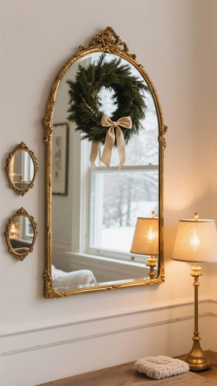 A gilded arched mirror hung across from a window bouncing soft winter light, layered with a minimal cedar wreath and silk ribbon, with a small cluster of antiqued mirrors nearby and a warm-bulb lamp casting a golden glow
