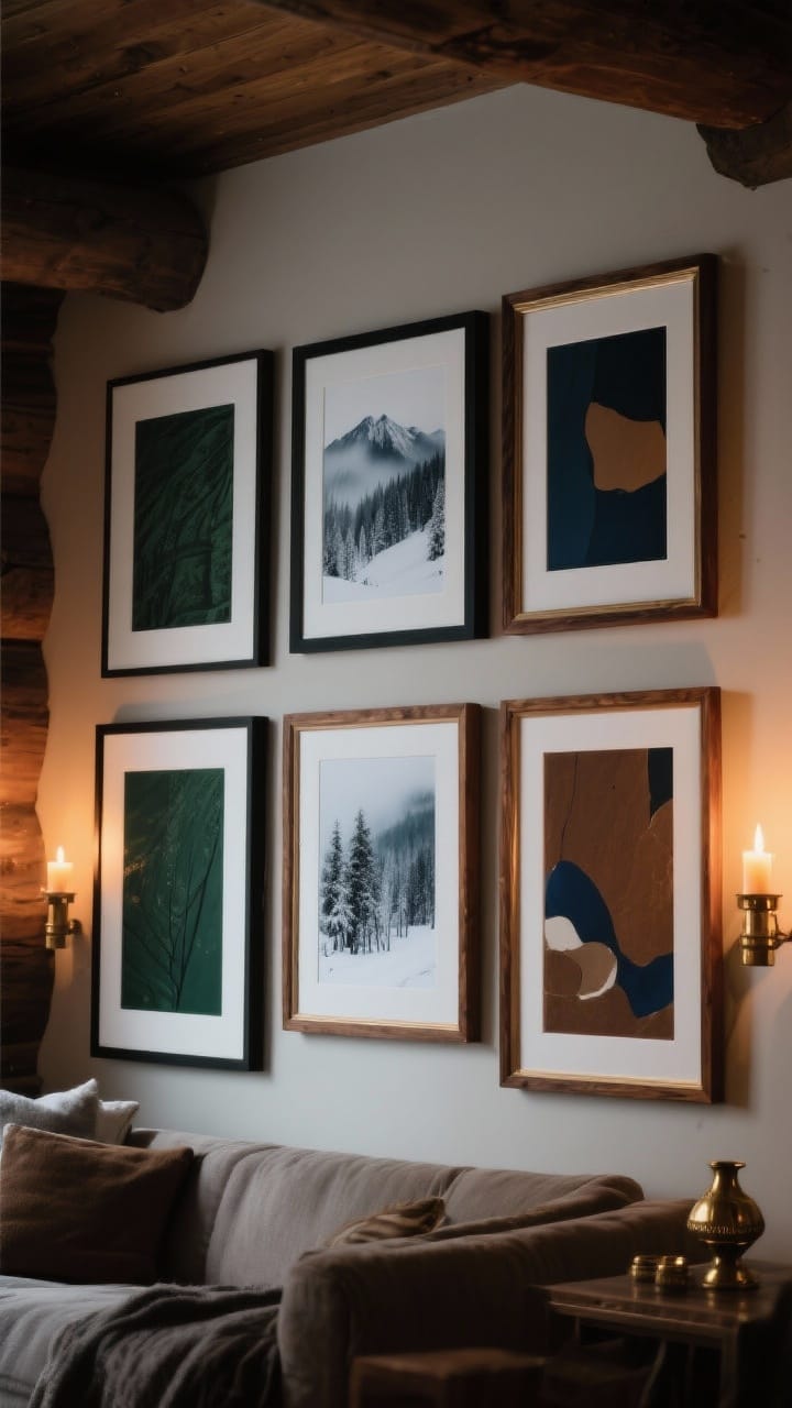 A winter gallery wall of seven framed artworks: misty mountain landscapes, snowy forest photography, and abstract pieces in deep green, navy and warm brown, in mixed black, walnut and antique brass frames with wide white mats
