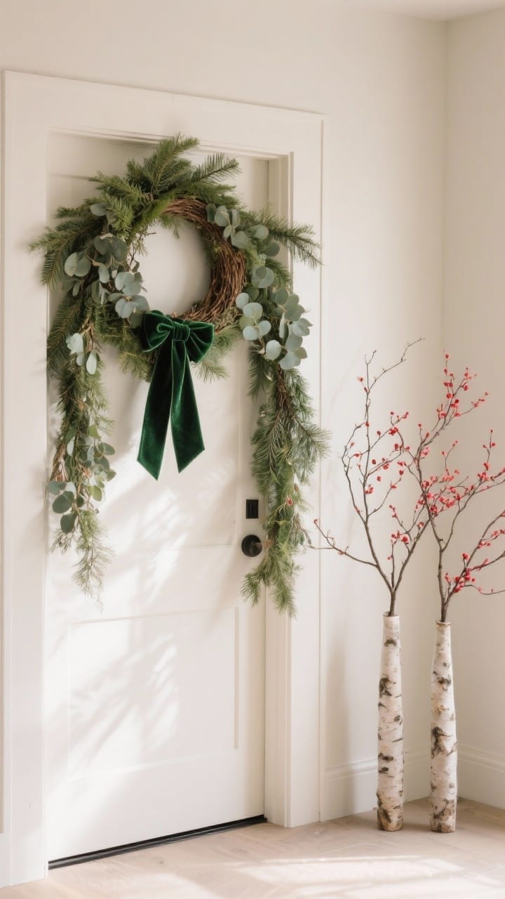 An interior wall styled with evergreen moments: a cedar and eucalyptus wreath hung with deep green velvet ribbon, an asymmetric garland around a doorway, and slim wall vases holding bare birch and red dogwood branches