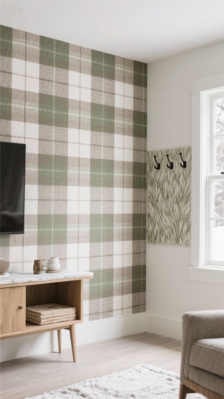 A peel-and-stick winter wallpaper accent wall behind a console in a muted plaid of taupe and forest green, with an adjacent nook in tone-on-tone grasscloth-look print for a refined lodge feel