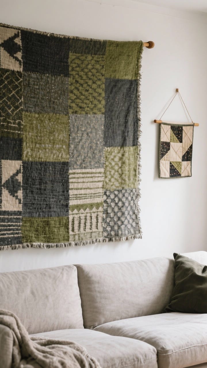 An oversized linen tapestry in muted moss and slate tones above a sofa as a statement piece, paired with a smaller vintage-inspired quilt block hanging from a wooden dowel to the side