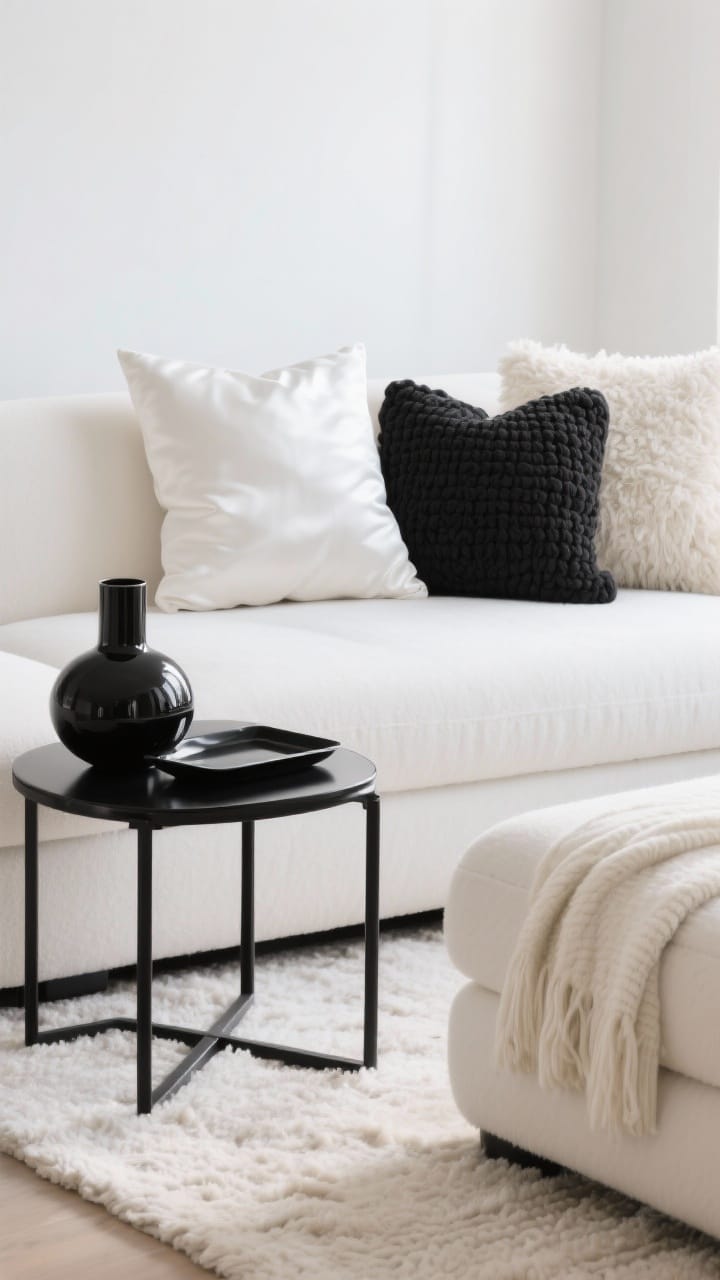 Soft white sofa with layered black and white winter textures: chunky knit pillow, creamy throw, matte black vase and a plush rug