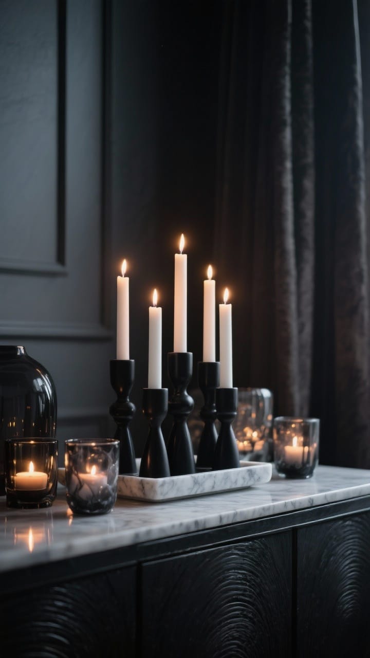 Moody candle vignette with clustered black tapers and white pillar candles on a marble tray