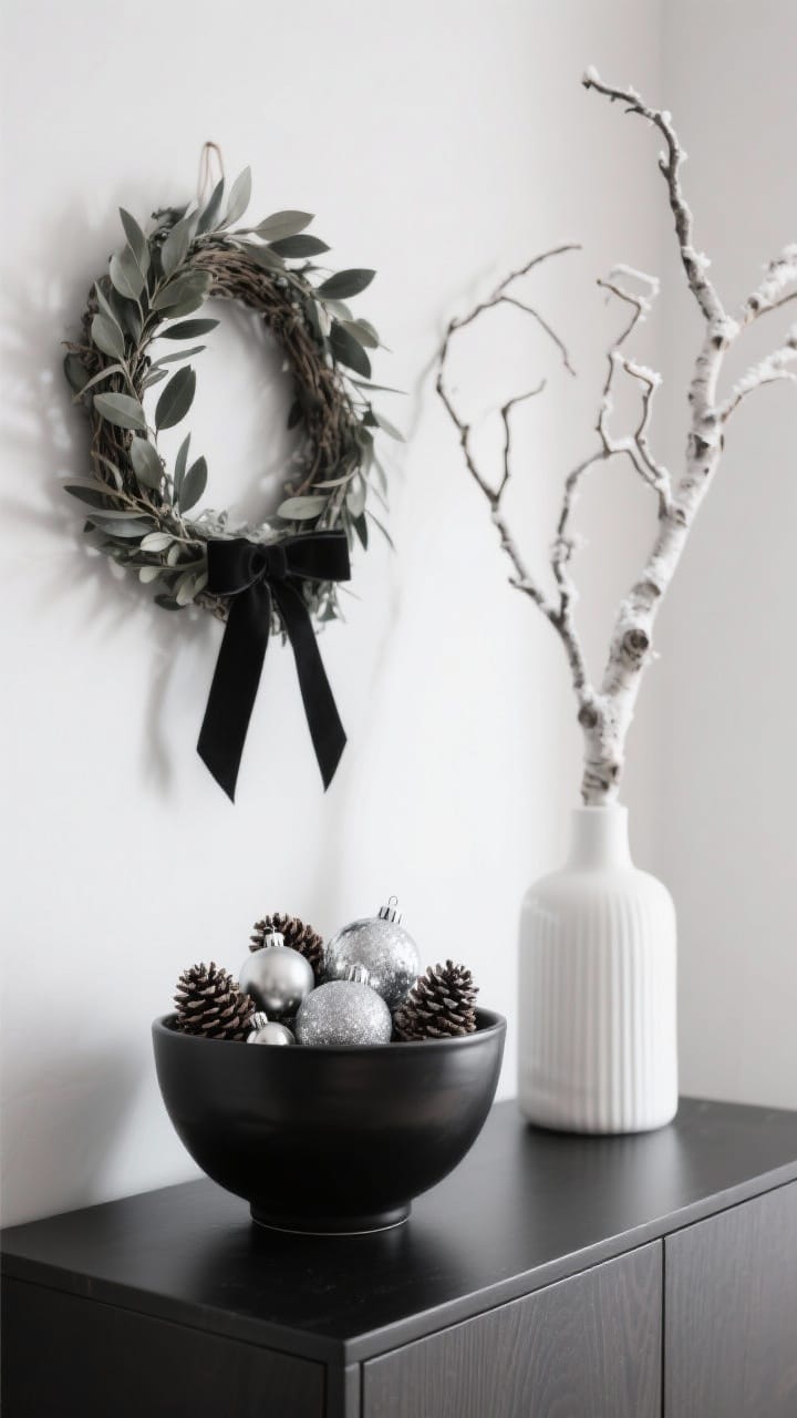 Seasonal black and white accents on a sideboard: a black bowl of pinecones, eucalyptus wreath and a winter branch in a white vase
