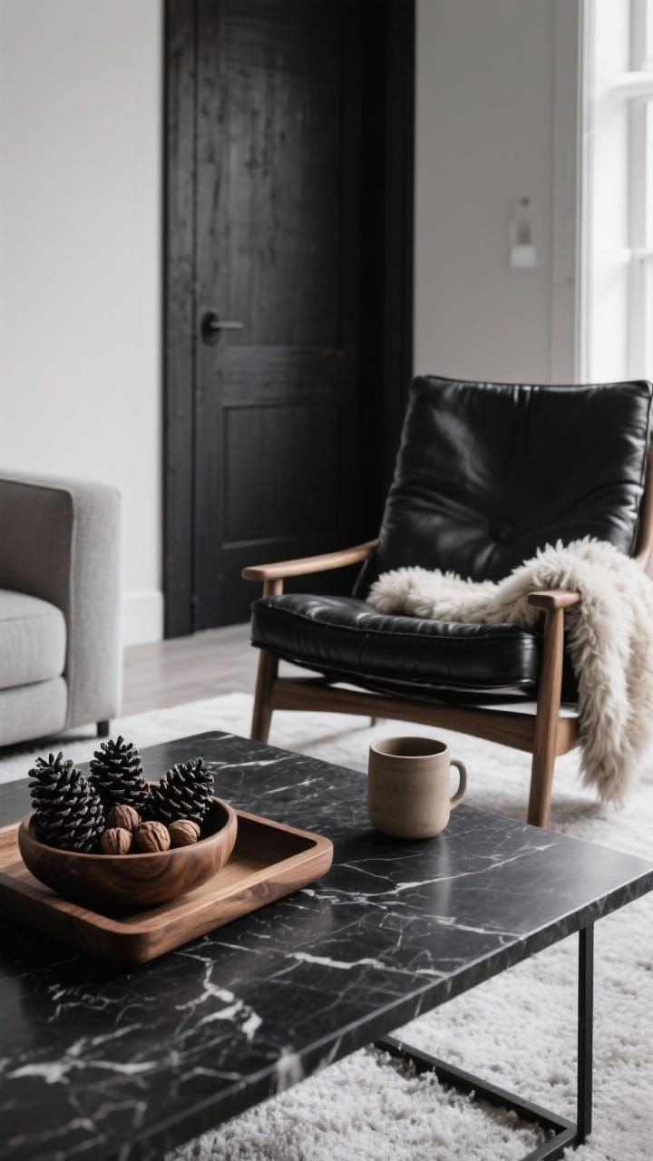 Living room vignette warming a black and white palette with a black wood tray, leather chair and marble tabletop