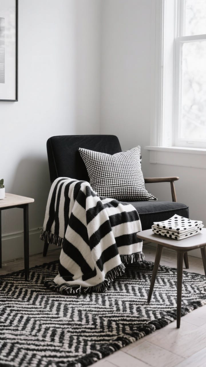 Reading nook with a striped black and white throw, micro-check pillow and a herringbone wool rug