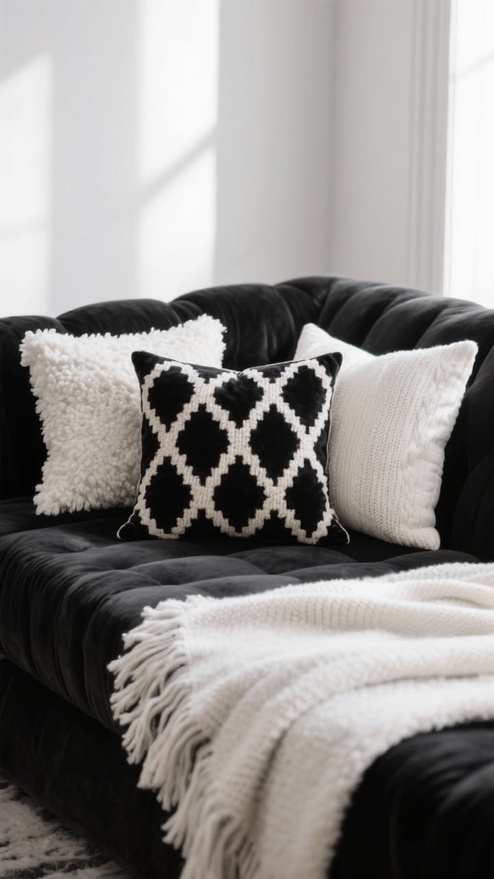 Sofa styled as a black and white winter nest with bouclé, velvet and knit pillows and a bold throw