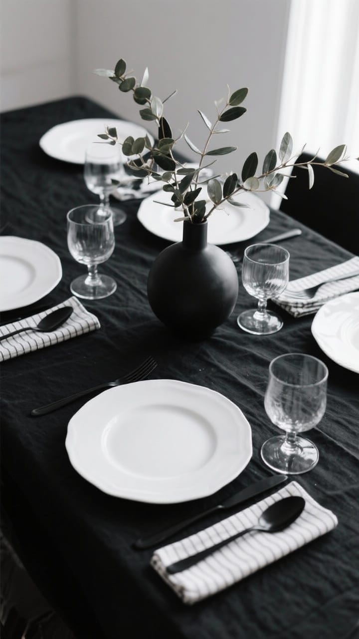 High-contrast winter tablescape with white plates on a black runner, matte black flatware and eucalyptus