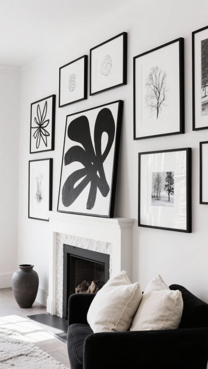 Black and white gallery wall with black frames, charcoal sketches and a leaning abstract canvas