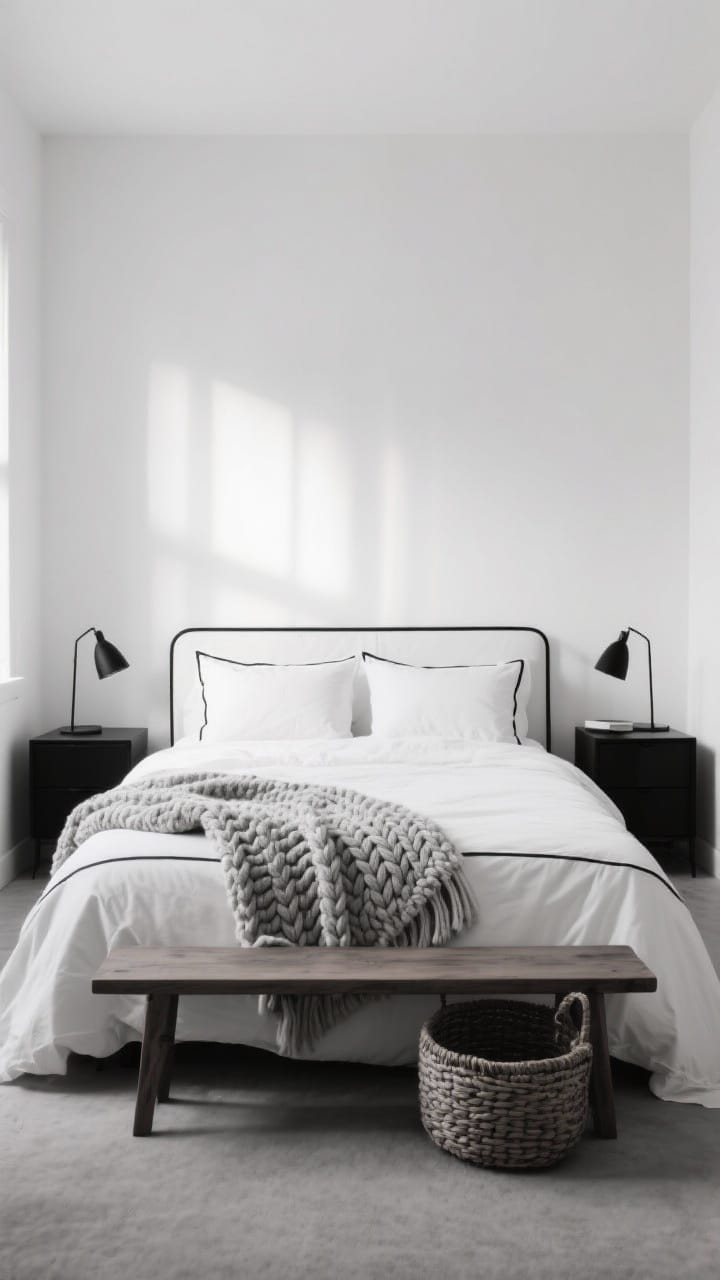 Minimalist black and white bedroom with white bedding, black piping, black nightstands and a knit throw