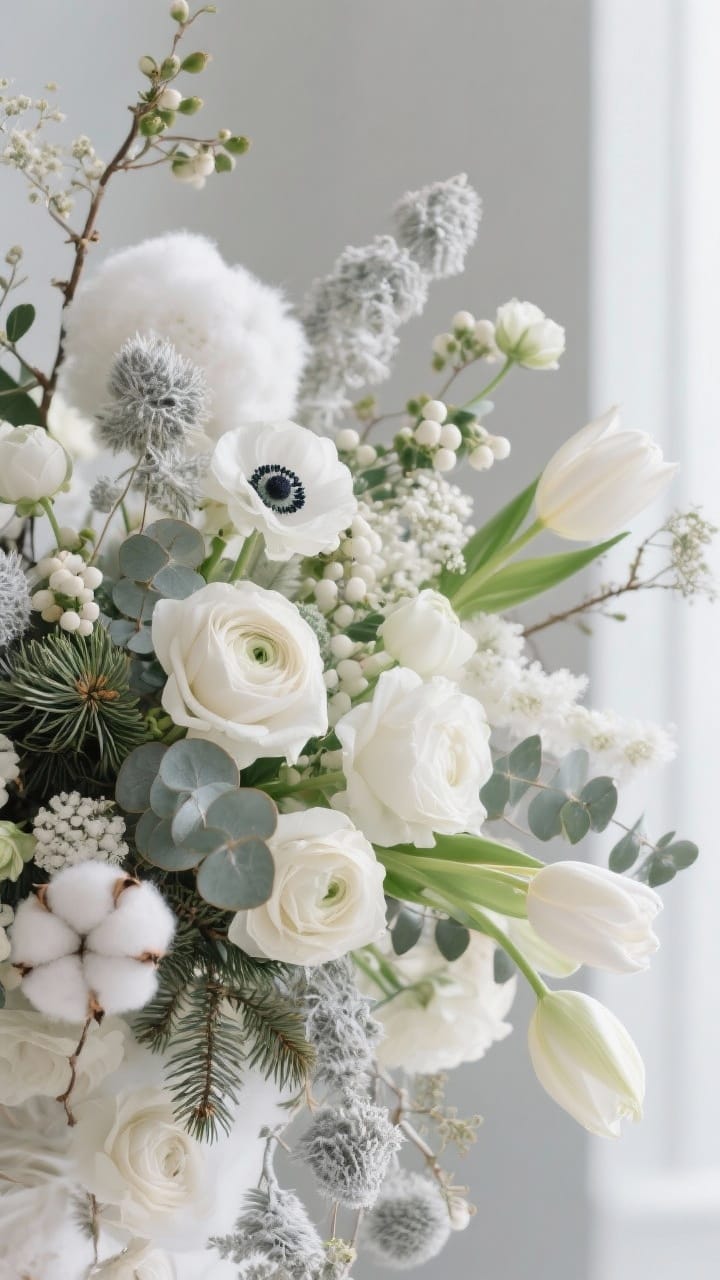 Closeup of a loose, airy white floral arrangement of garden roses, ranunculus, anemones, lisianthus, and white amaryllis intertwined with silver dollar eucalyptus, dusty miller, cedar, and pine.