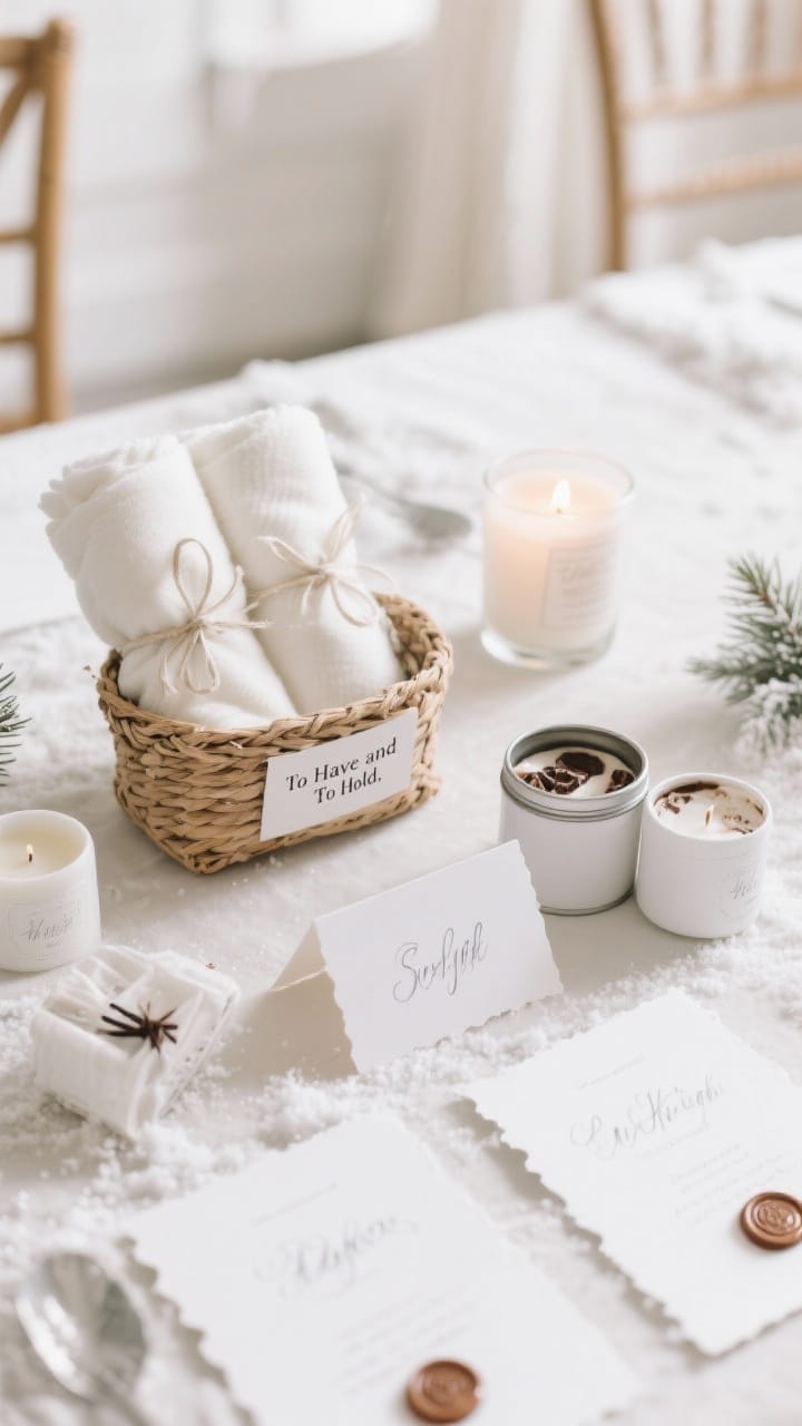 Styled flat-lay closeup of thoughtful personal touches with rolled white blanket favors in a woven basket, white candle tins, hot cocoa kits, and white deckle-edge seating cards with silver ink and wax seals.