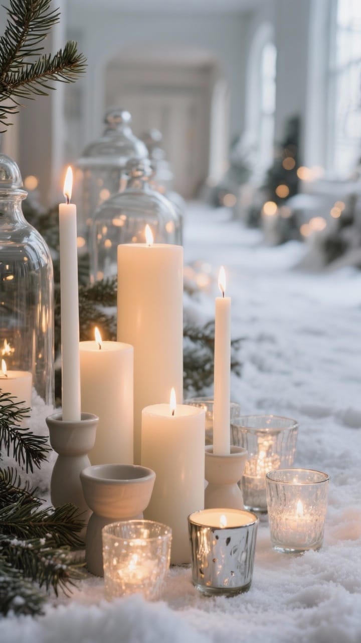 Low-angle detail of a clustered candle vignette with pillar candles, slender white tapers, and tea lights in frosted and mercury glass votives casting a warm glow along a wintery aisle edged with cedar.