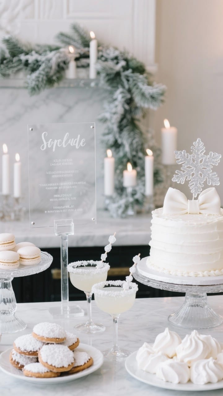 Straight-on detail of a wintery bar and dessert display with a frosted acrylic menu, frosted greenery garland, white taper candles, sparkling cocktails with sugared rims, an all-white cake with sugar snowflakes, and plates of white macarons and meringues.