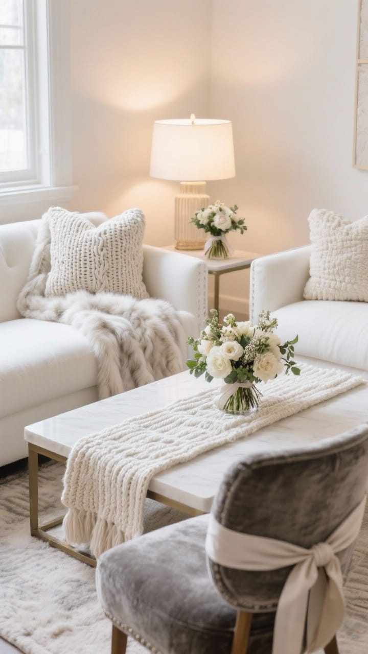 Medium lounge vignette of a cozy seating area in white, cream, and soft gray with faux fur throws over white sofas, chunky knit pillow covers and table runner, and subtle velvet chair sashes.