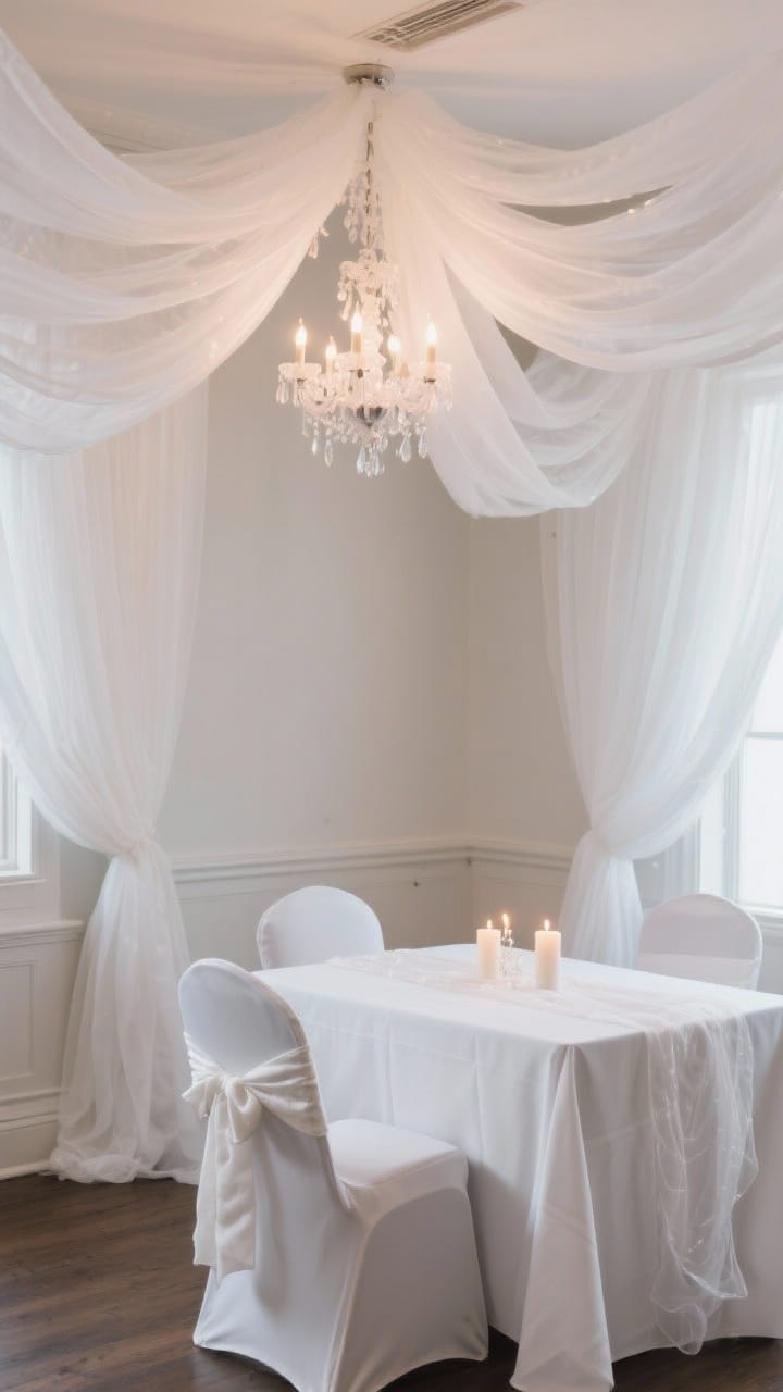 Medium shot of a winter wedding venue corner draped in layered white fabrics with sheer chiffon ceiling swags, gauzy white voile catching candlelight, white linen chair covers tied with velvet sashes, and a white tablecloth topped with a translucent runner.
