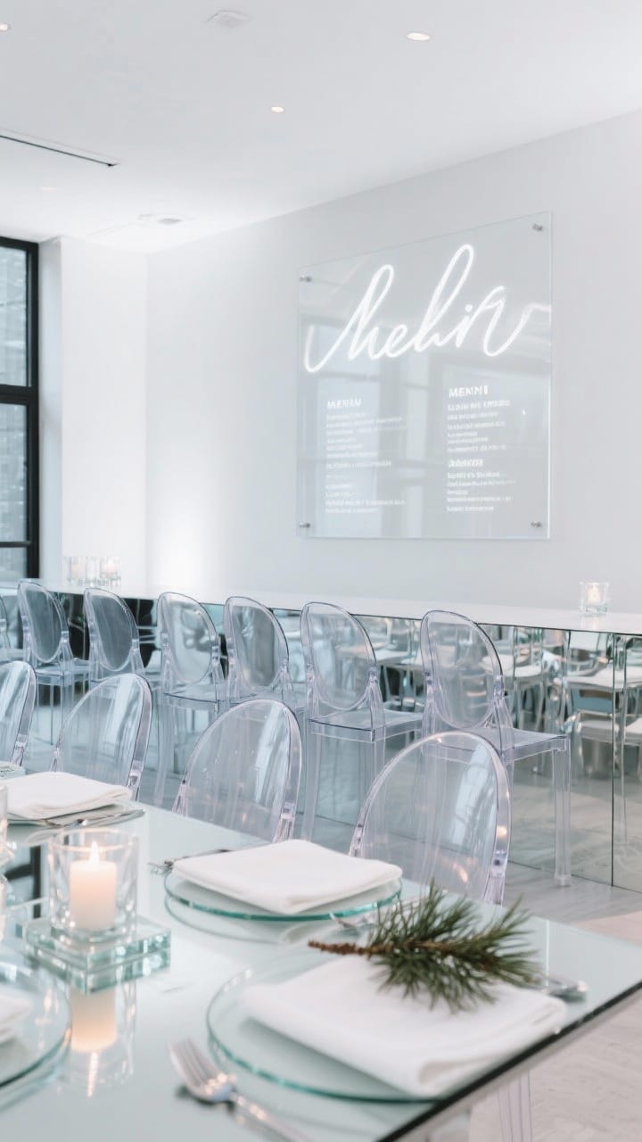 Straight-on medium shot of a sleek reception vignette with frosted acrylic signage in white ink, a row of transparent ghost chairs, and a tablescape with glass chargers under crisp white napkins topped with cedar.