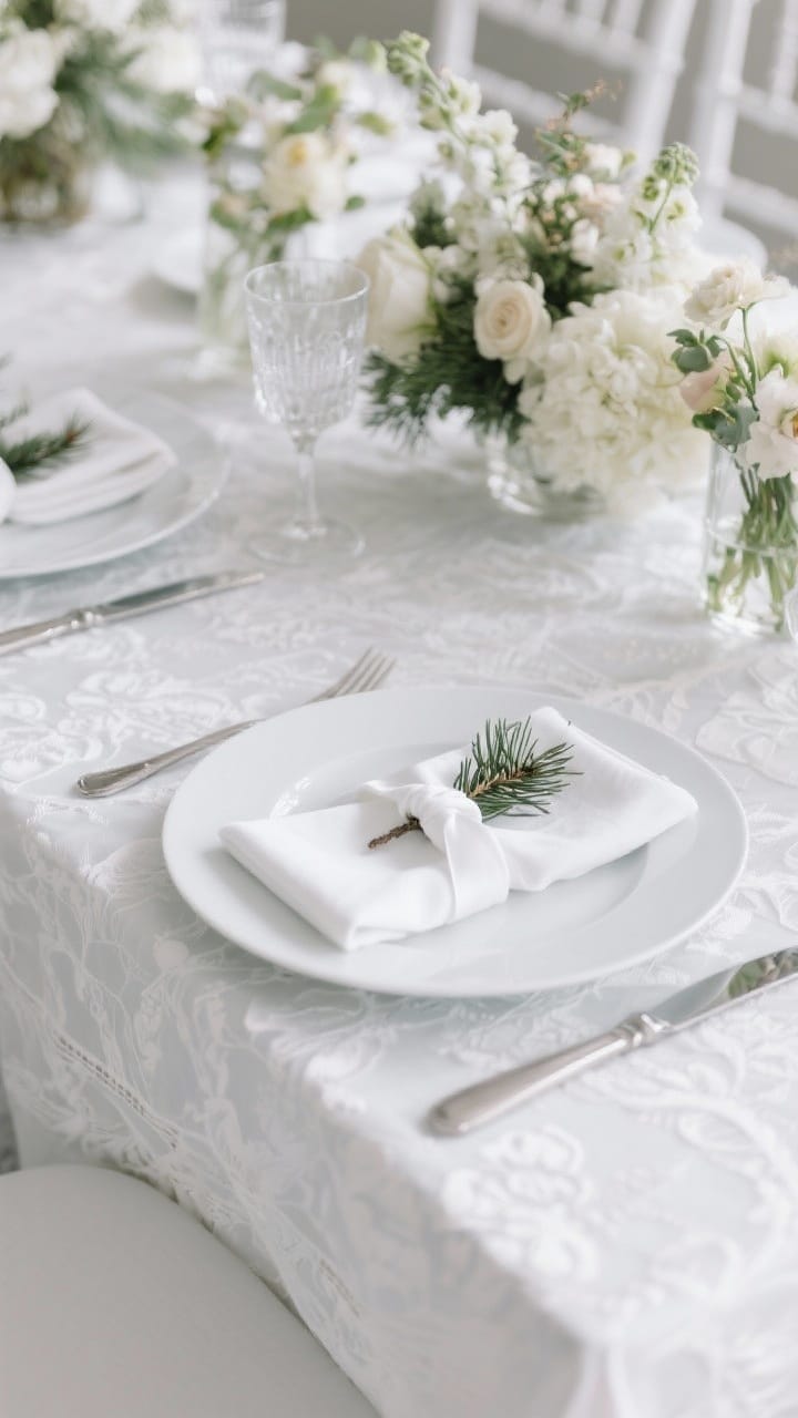 Overhead detail of a monochrome white tablescape with heavy white linen, a sheer overlay, matte-edged white plates, crystal glassware, brushed silver cutlery, and a knotted white napkin finished with a velvet ribbon and cedar sprig.