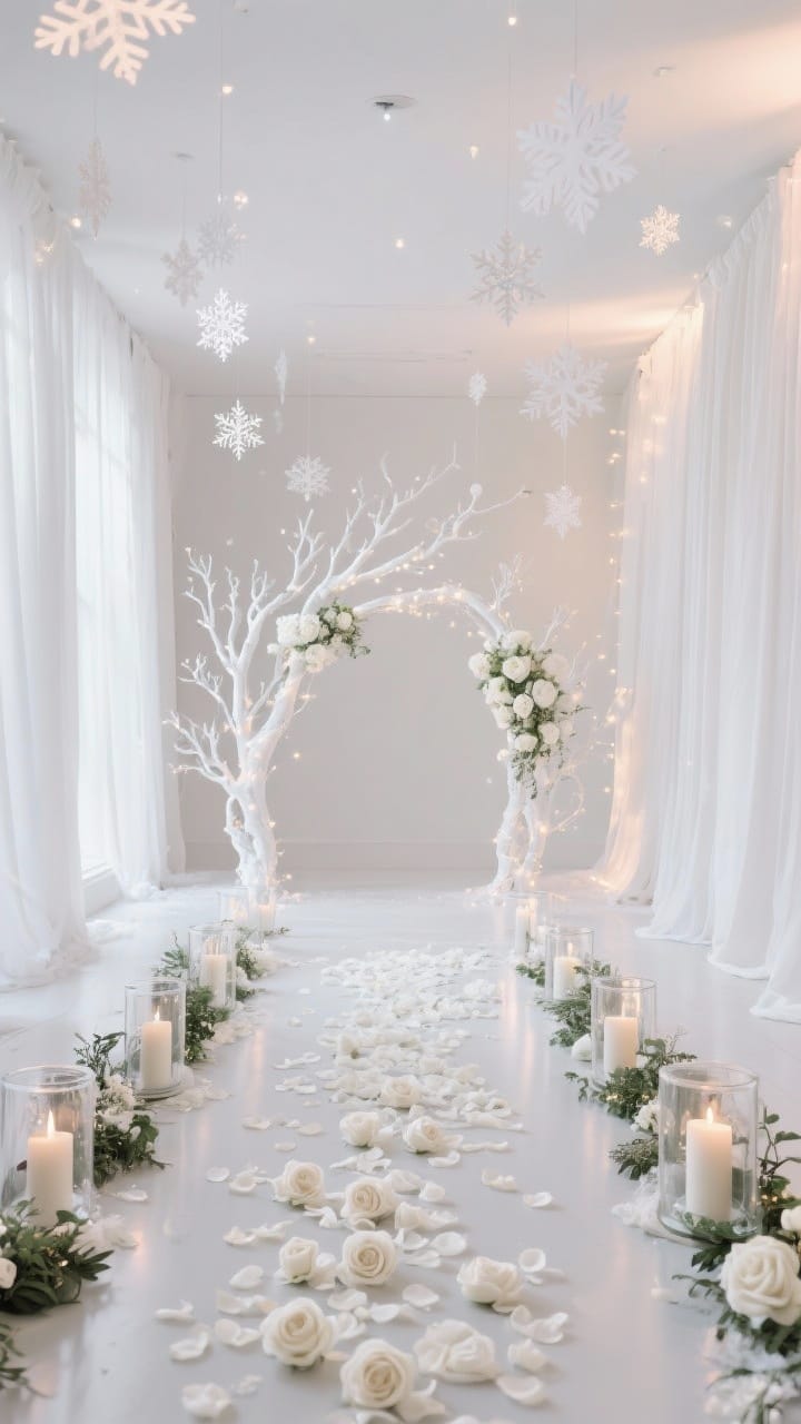 Wide center-aisle ceremony view of a snowy-white aisle layered with white rose petals and glass hurricanes, leading to a spray-painted white branch arch woven with fairy lights and white blooms, flanked by floor-to-ceiling white draping.