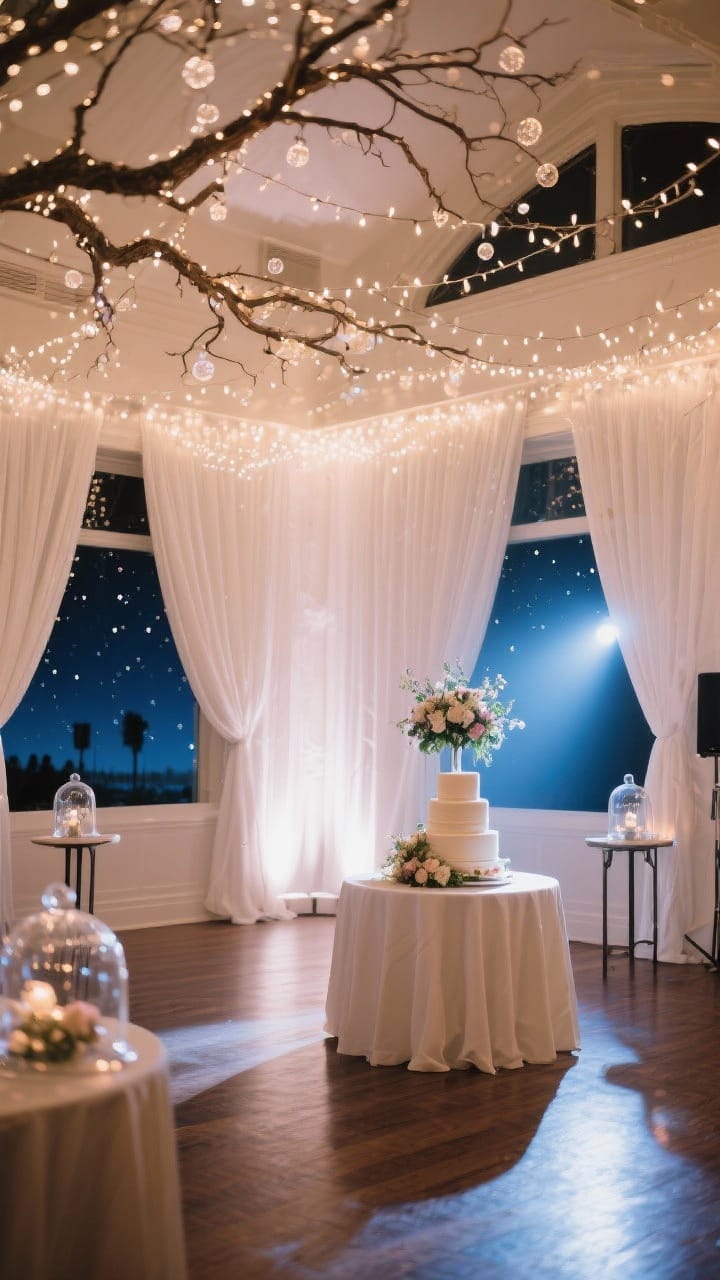 Corner-angle wide room shot of a reception transformed by lighting with warm white uplighting on white drapery, pin-spotting on a floral centerpiece, and a canopy of twinkle fairy lights above the dance floor.