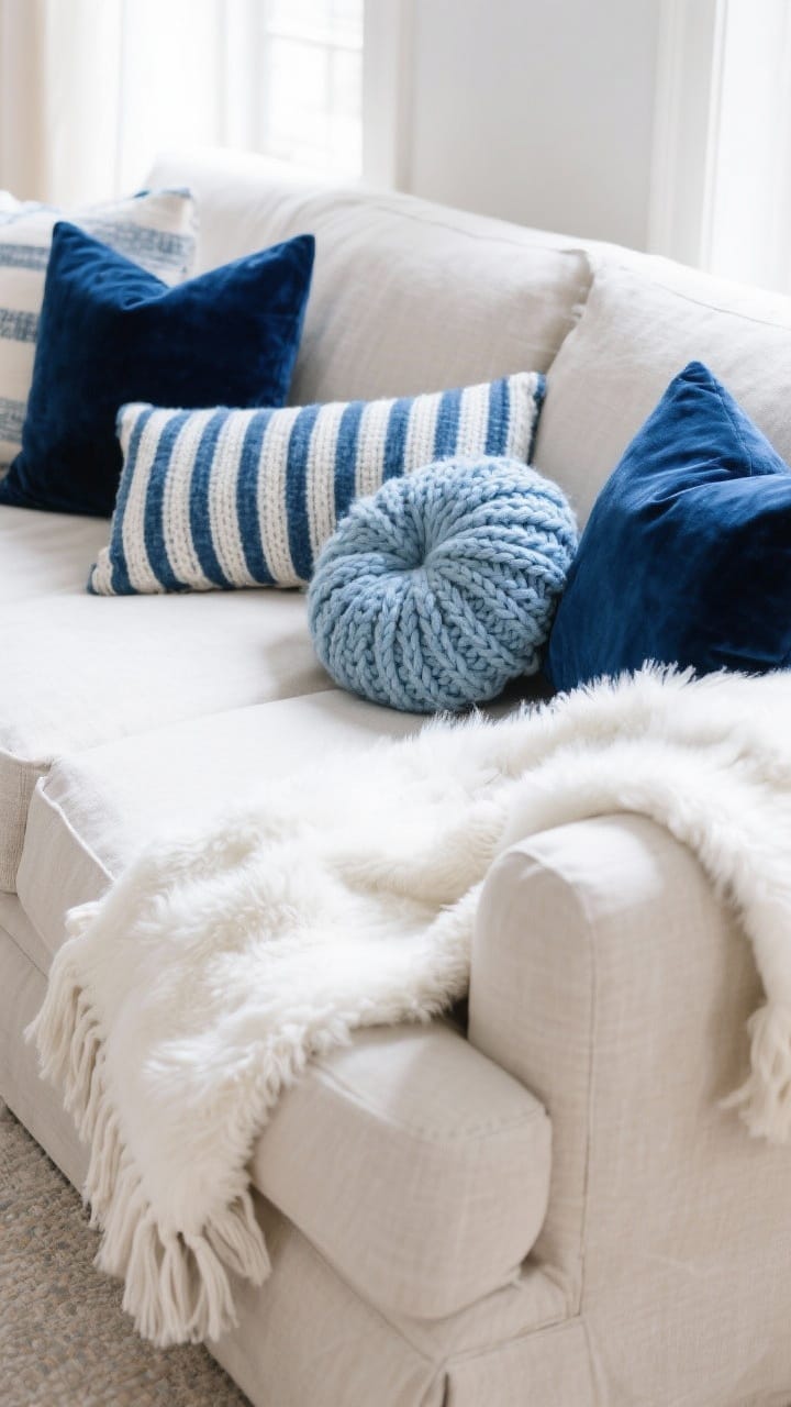 Neutral linen sofa layered with navy velvet and icy blue knit pillows and a winter-white faux fur throw in blue and white winter decor