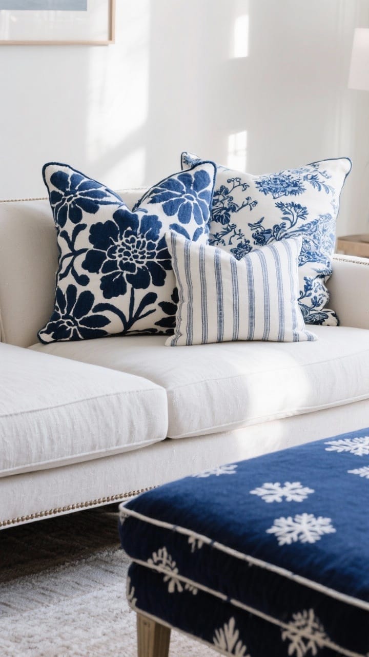 Sofa and ottoman layering navy-and-white abstract floral, chinoiserie and ticking stripe pillows with a subtle snowflake motif