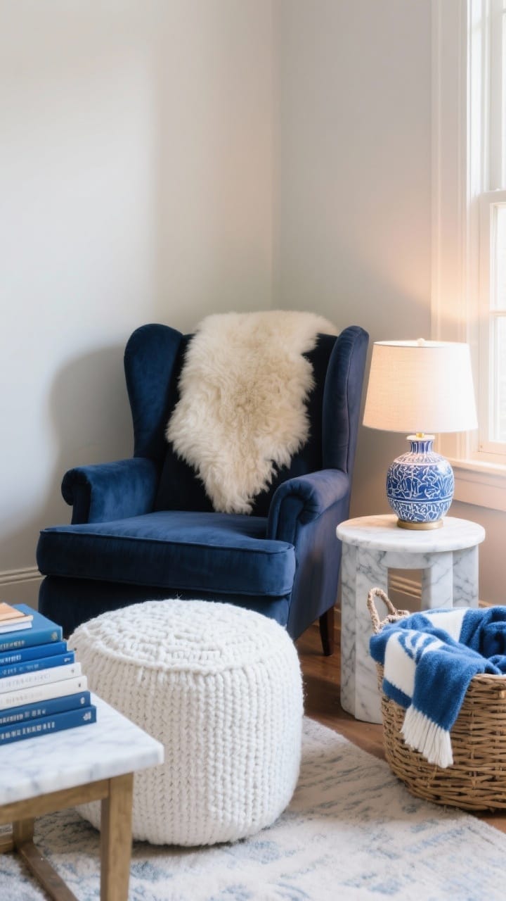 Cozy reading nook with a navy wingback, white knit ottoman, blue ceramic lamp and a basket of blue-and-white blankets