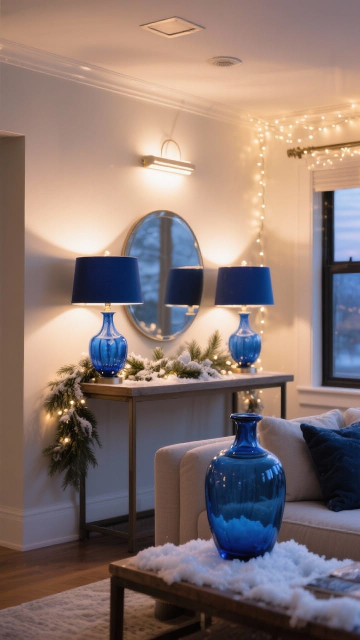 Living room lighting in warm white bulbs with blue glass lamps and navy shades, twinkle lights in a blue hurricane vase with faux snow