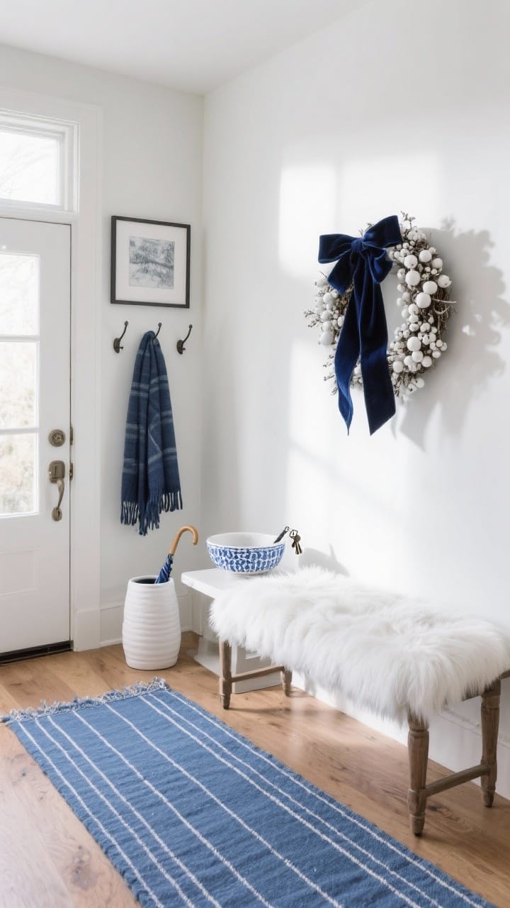 Entryway with a blue striped runner, white ceramic umbrella stand, navy scarf on hooks and a white-berry wreath with navy ribbon
