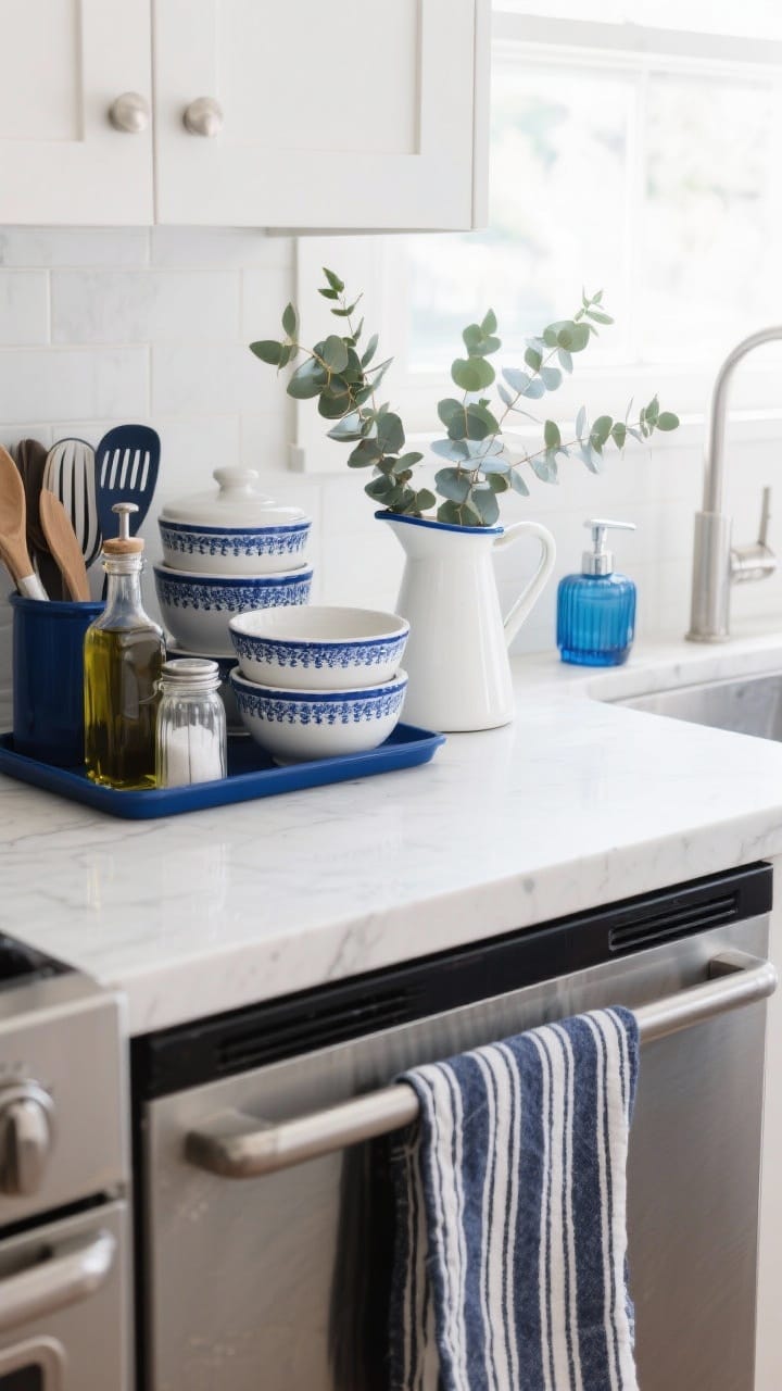 Kitchen counter styled with blue and white ceramic bowls and canisters, a navy striped tea towel and a white pitcher of eucalyptus