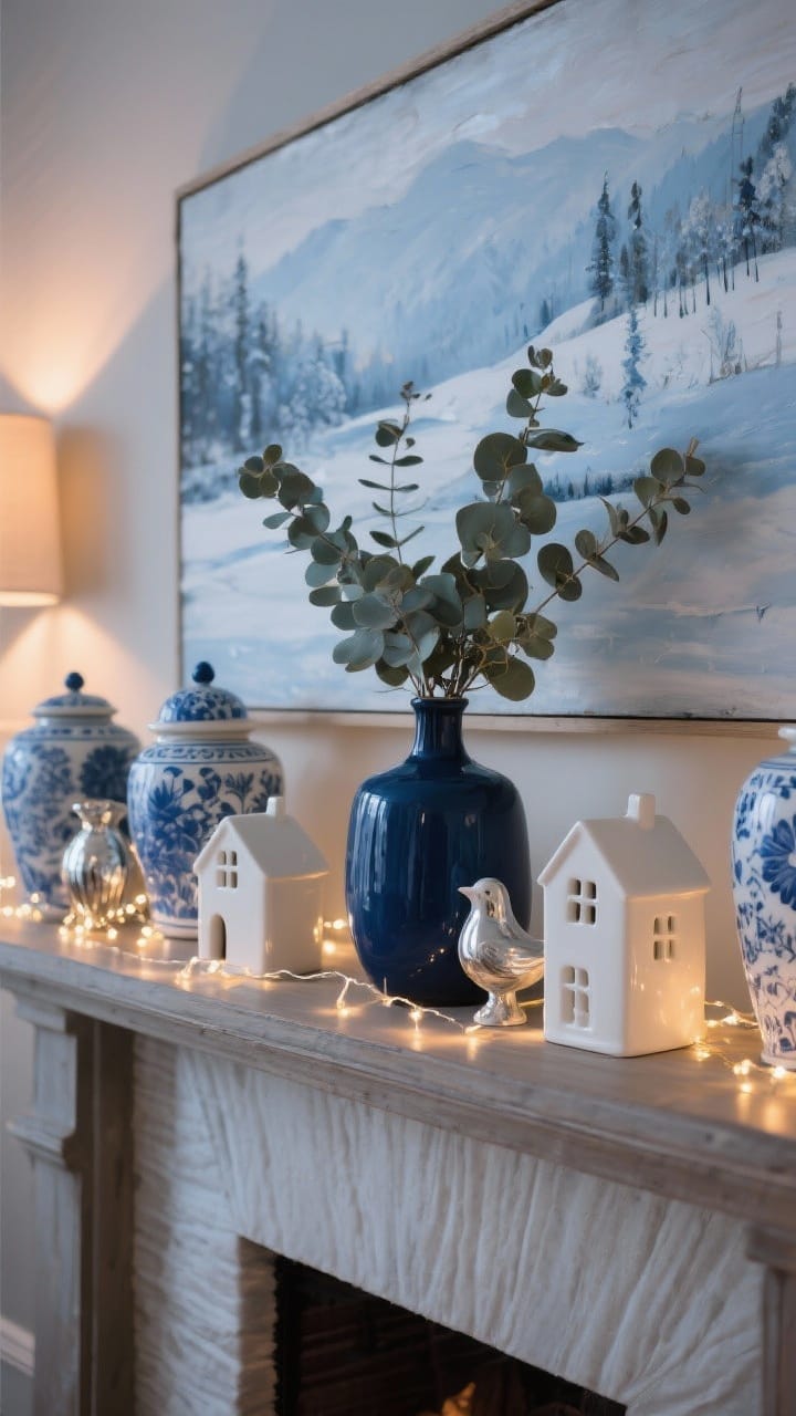 Faux mantel on a console table with blue and white ginger jars, a navy vase of eucalyptus, white ceramic houses and fairy lights for blue and white winter decor