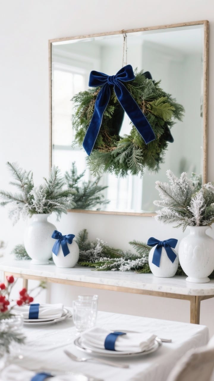 Winter greenery with navy velvet and French blue ribbon: a wreath on a mirror, white vases with greens and ribbon napkin rings