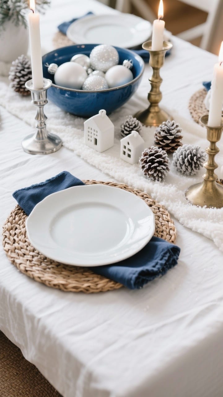 Overhead winter tabletop with a white cloth, woven charger, blue dinner plate, navy napkin and frosted pinecones in blue and white winter decor
