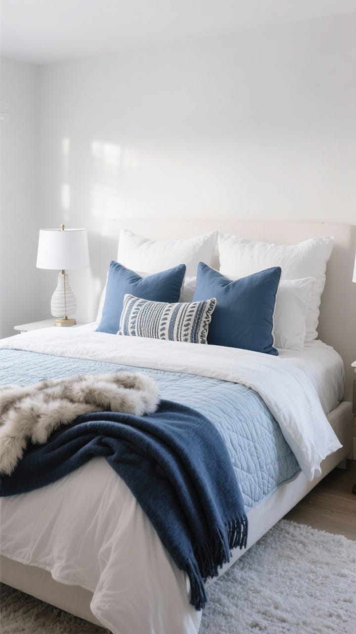 Calm winter bed with white sheets, a light blue quilt and a navy throw at the foot, layered designer-style in blue and white