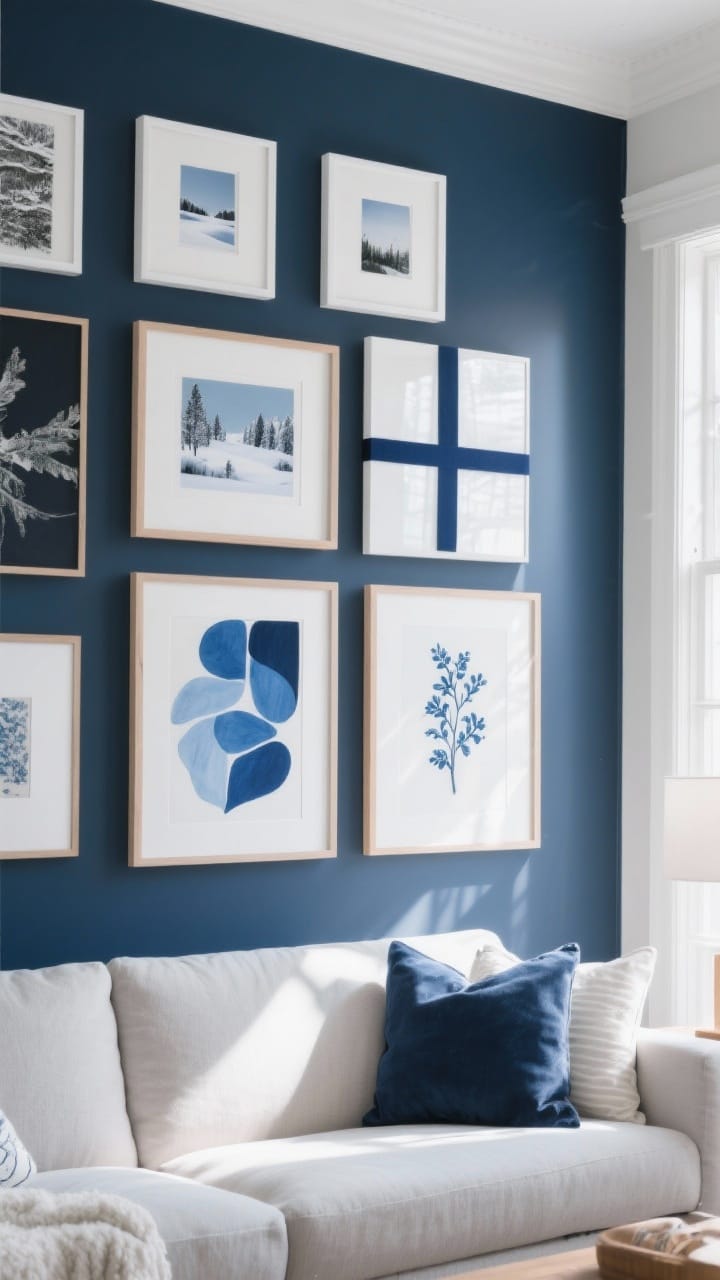 Living room gallery wall in navy, sky blue, slate and white with cool-toned abstracts and snowy photography for blue and white winter decor