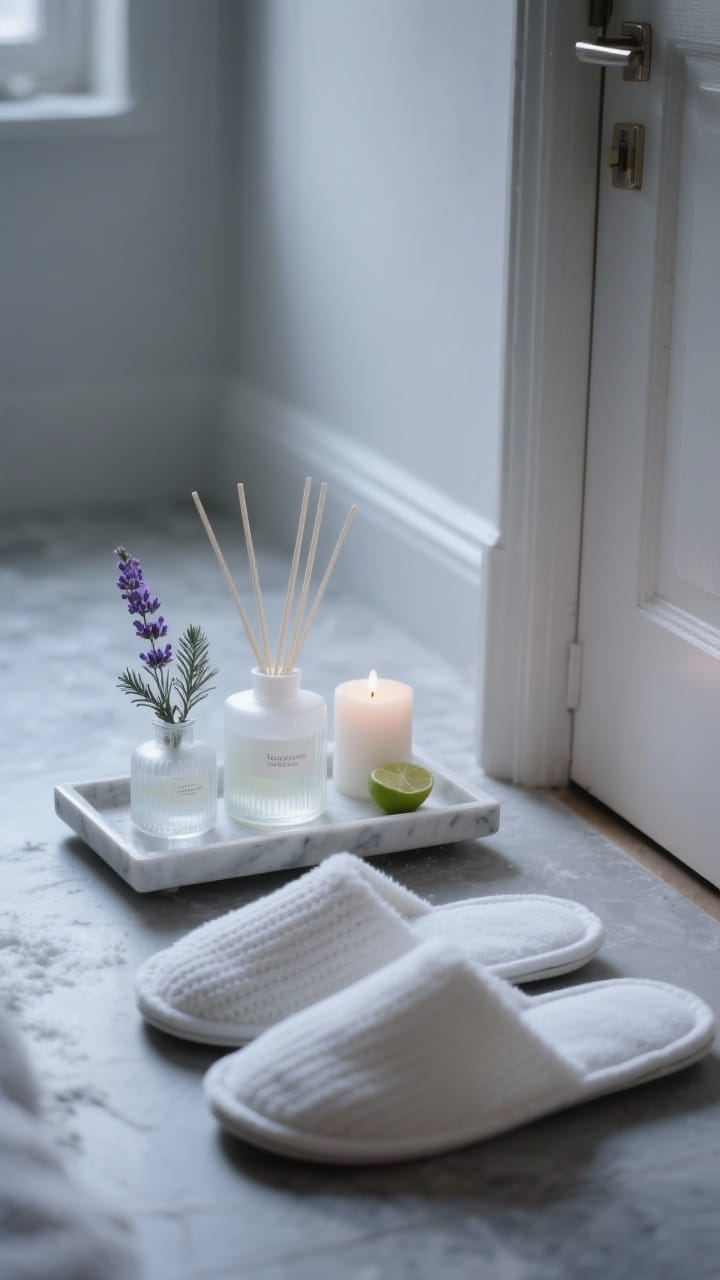 Frosted glass diffuser and a lavender candle on a tray for cozy purple and white winter decor ambiance