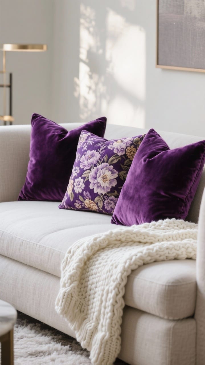 Modern linen sofa styled with velvet purple pillows and chunky white knit throws for purple and white winter decor