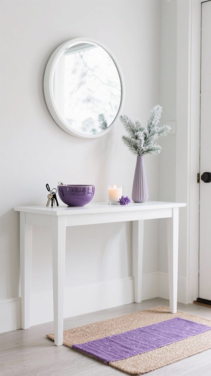 White console styled with a purple ceramic bowl, lavender candle and frosted greenery for purple and white winter decor entry
