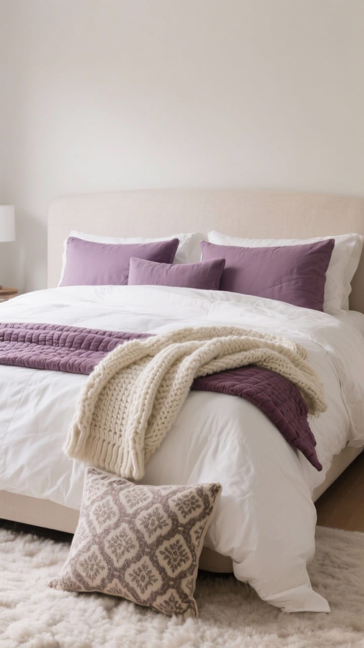 Plush winter bed with white sheets, a plum quilt and lavender shams for purple and white winter decor