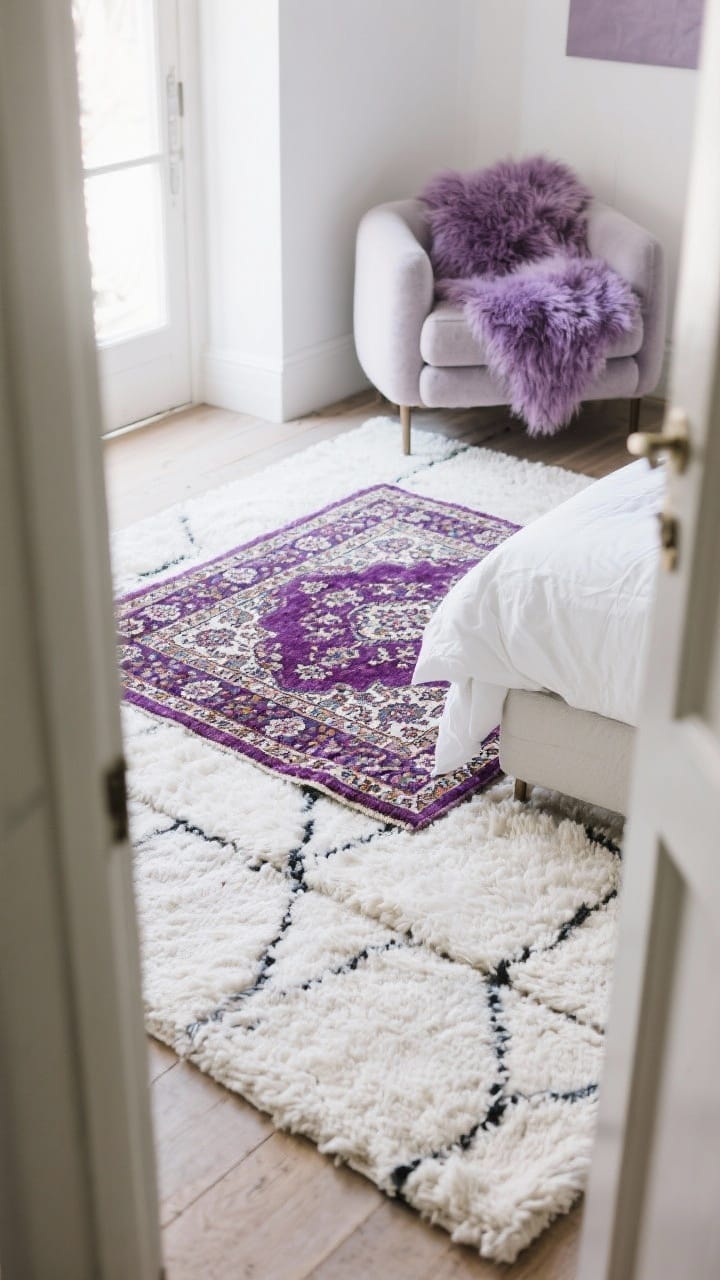 Layered white wool base rug topped with a purple patterned kilim for purple and white winter decor