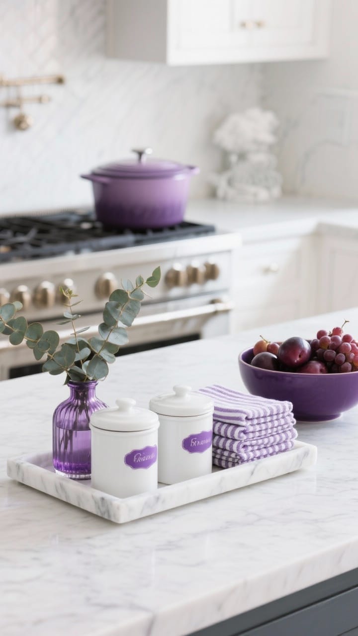 Subtle winter kitchen styling with white canisters, an amethyst vase and lavender tea towels for purple and white winter decor