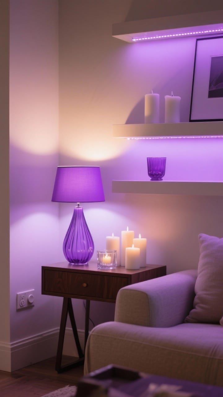 Chic cozy lighting with a purple glass lamp and amethyst votives for purple and white winter decor