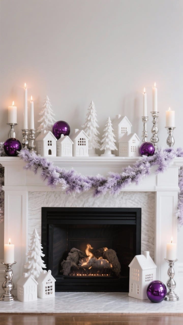Elegant winter mantel with white ceramic houses, plum glass orbs and a lavender garland for purple and white winter decor